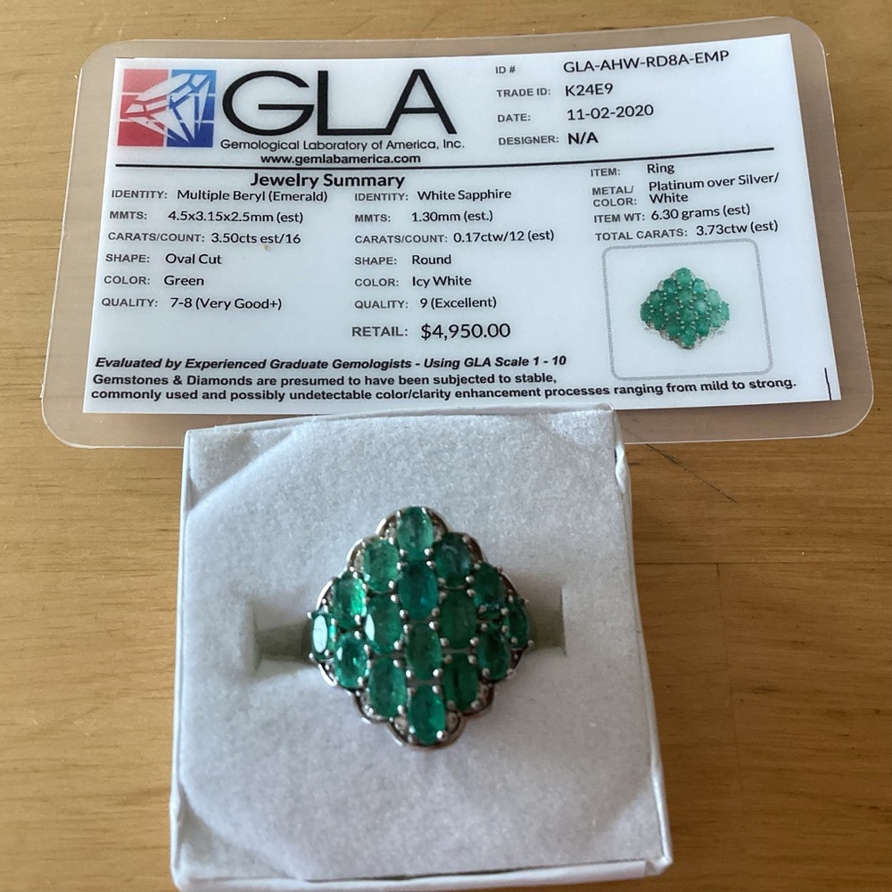 3.50 CTS EMERALD & WHITE SAPPHIRE  RING WHITE ON PLATINUM GLA CERTIFIED SZ 7
